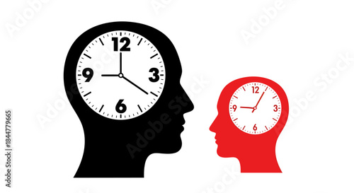 Time Minds Black and Red Silhouettes with Clock Faces Representing Cognitive Perception and Temporal Awareness