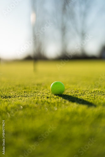 Golf ball on the green. Golfer putting a ball in the green. Close up of a pin with green background. Ball on the putting surface lifestyle.