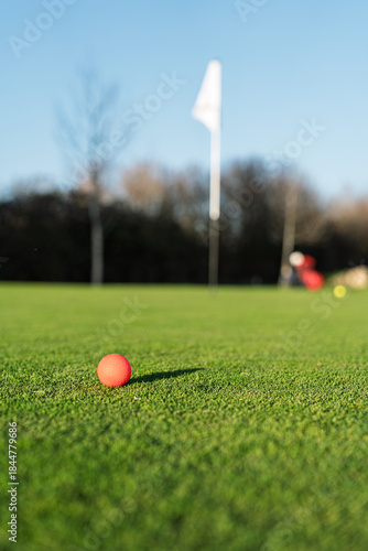 Golf ball on the green. Golfer putting a ball in the green. Close up of a pin with green background. Ball on the putting surface lifestyle.