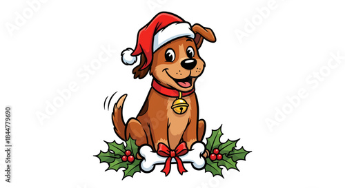 Festive Pup Joy Cartoon Brown Dog in Santa Hat with Holly-Decorated Bone and Wagging Tail