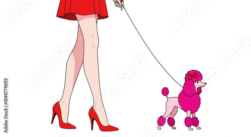 Chic Stroll Cartoon Poodle with Pink Bow and Stylish Companion in Red Skirt and Heels