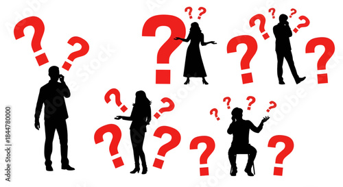 Facing Uncertainty Black Silhouettes with Red Question Marks Expressing Confusion, Contemplation, and the Search for Answers