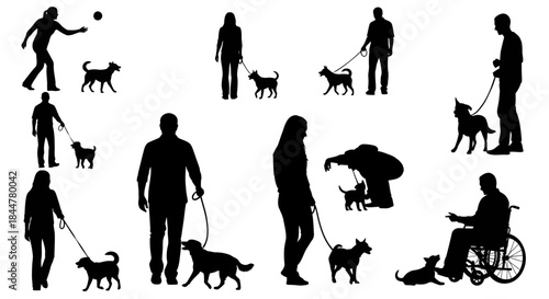 Companionship in Motion Black Silhouettes of People and Dogs Engaged in Diverse Activities Including Walking, Playing, and Caring
