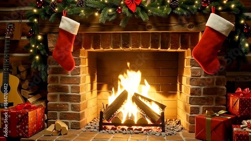 christmas tree with fireplace in the room with flowers and gift boxes 