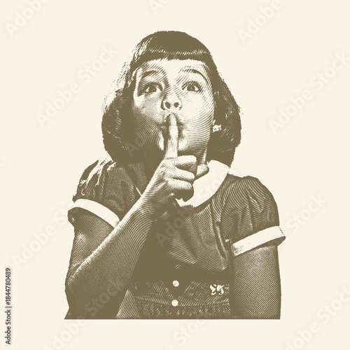 Woman Making Silence Gesture Vintage Pop Art Portrait