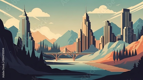 Expansive Stylized Metropolis Landscape with Art Deco Skyscrapers, Winding River, and Majestic Mountains
