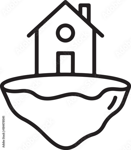 Floating house icon on isolated land, representing property concepts, home ownership, unique real estate, and dwelling ideas.