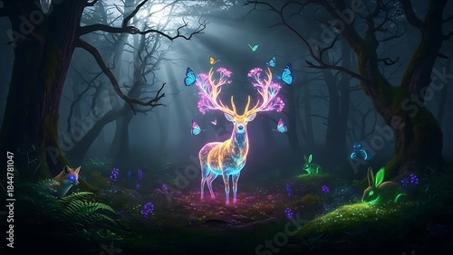 Luminous Mystical Stag Illuminates Enchanted Forest with Neon Glow and Butterfly Antlers
