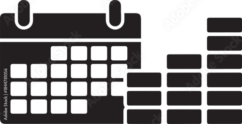 Black and white icon of a calendar next to a bar graph with rounded corners date schedule