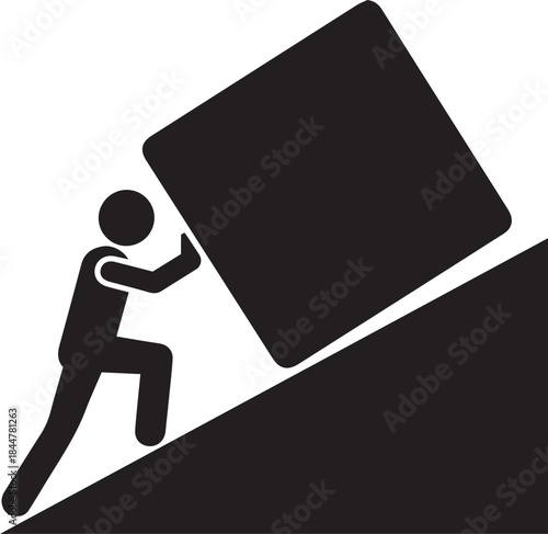 Black silhouette of a person pushing a large cube up a steep incline on a white background block