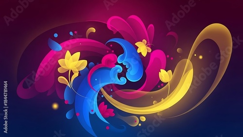 Vibrant Swirls of Color and Light with Floral Accents on a Dark Background