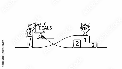 Business person presents successful deals leading to a winning trophy on a podium.
