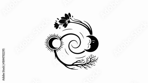 Whimsical celestial cycle graphic symbolizing seasons and cosmic balance