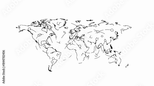 Global network connections visualized on a hand-drawn world map with interconnected lines and points.