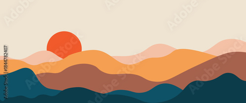 Abstract landscape poster. Nature wall decor contemporary art prints, medieval mountains backdrop.