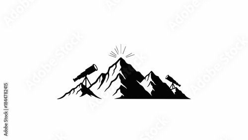 Symbolic mountain peak with telescopes symbolizes exploration and discovery.
