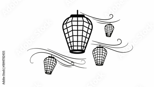 Decorative lanterns float gracefully with swirling accents