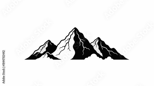 Majestic mountain peaks rise against a stark white background, symbolizing adventure and achievement.