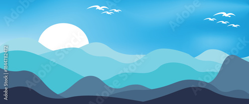 Mountain colors, with translucent wave blue background, sunset, abstract glass shapes, modern background, illustration design