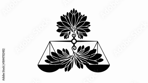 Elegant scales of justice adorned with stylized floral elements symbolizing balance and fairness