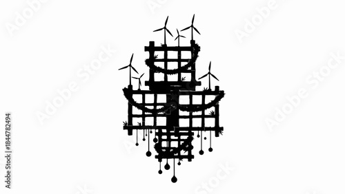 Abstract silhouette of a chandelier with wind turbines, symbolizing renewable energy and environmental innovation.