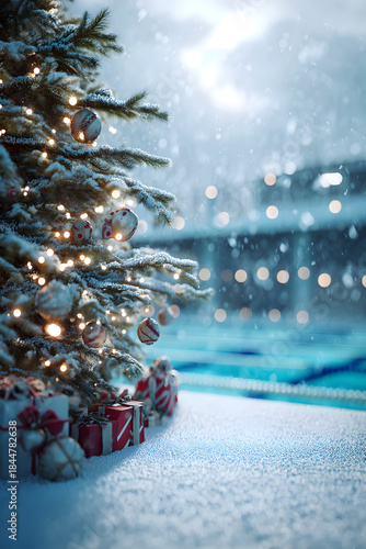 Wallpaper Mural Christmas tree closeup with gifts on snowy ground of a swimming pool with in the background, with lane dividers visible. Concept of resting swimming sport during Christmas time. Torontodigital.ca