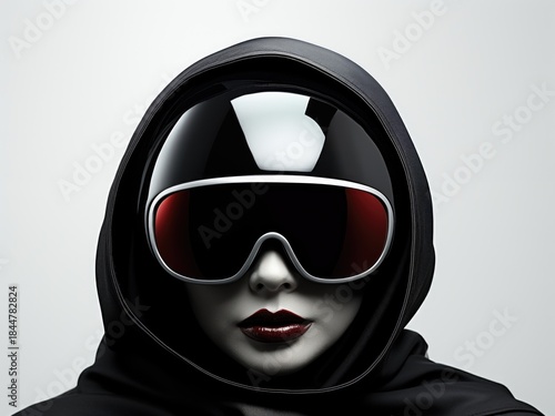 Futuristic female portrait with reflective visor and black hood