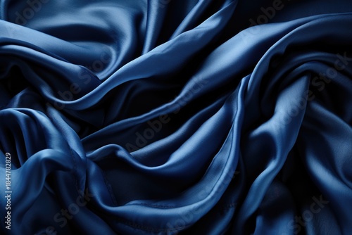 A Close-Up Exploration of Lush, Dark Blue Satin Fabric Creases, Showcasing Smooth Texture and Rich Color Variations in Elegant Drapery