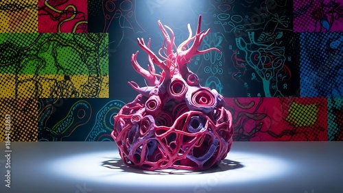 Abstract Digital Render of Complex Organic Structure with Intertwined Forms on Vibrant Patterned Background