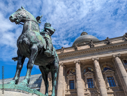 The Bavarian State Chancellery in Munich and an equestrian statue of Otto I