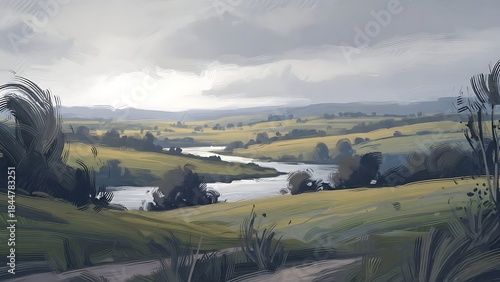 Painterly digital landscape of a tranquil river winding through lush green hills under a cloudy sky