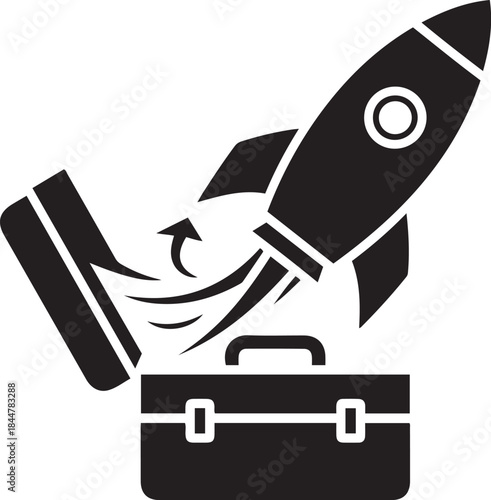 Black rocket launching from an open briefcase with stylized exhaust flames and upward arrow business