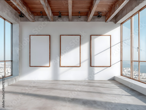 mockup photo of 3 rectangular a3 sized framed empty white posters scattered in a modern minimalist apartment shot updown at angle