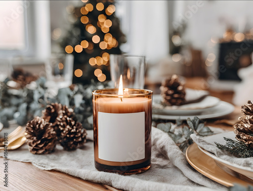amber glass candle with blank white label on holiday dining table with linen napkins gold cutlery pinecones eucalyptus and Christmas garland glowing fairy lights in b