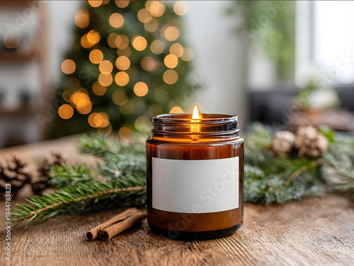 9oz amber glass jar candle with empty white label glowing on wooden coffee table surrounded by pine branches cinnamon sticks and fairy lights blurred Christmas tree i