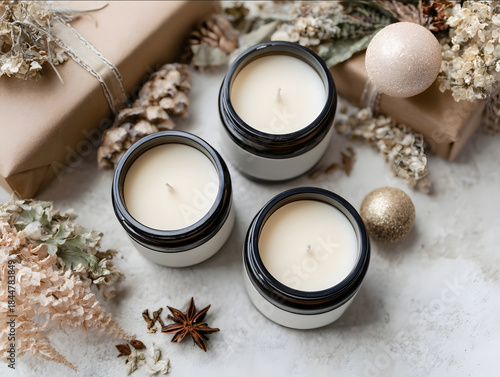 overhead shot of clear glass jar candle with black lid and empty white label scattered Christmas ornaments dried flowers neutral wrapping paper soft diffused lighting