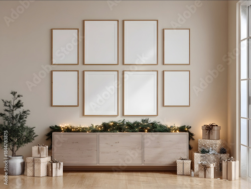 six thin oak wooden frames four A2 and two A4 sized with blank white posters arranged symmetrically in two rows of three on a beige wall above a modern console each wi