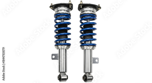 Pair of blue and silver adjustable coilover shock absorbers for high-performance racing cars, isolated on a transparent background PNG (शॉक अवशोषक)