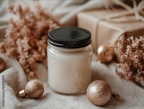 overhead shot of clear glass jar candle with black lid scattered Christmas ornaments dried flowers neutral wrapping paper soft diffused lighting realistic product pho