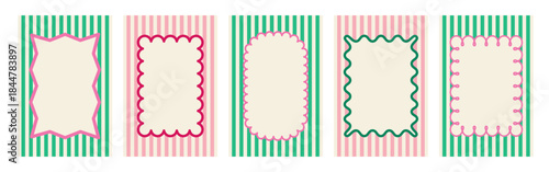 Set of hand drawn trendy blank frames. Summer colored text box, tag. Empty speech bubbles on striped background. Isolated Flat Vector Illustration EPS10	
