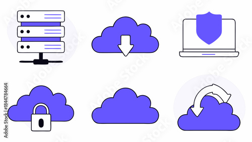 Cloud computing icons representing data storage and security.