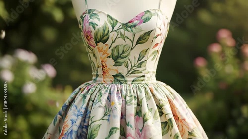 Wallpaper Mural A pencil sketch of a dress transforms into a vibrant floral gown. Petals fall, revealing a beautiful, elegant summer dress on a mannequin. Torontodigital.ca