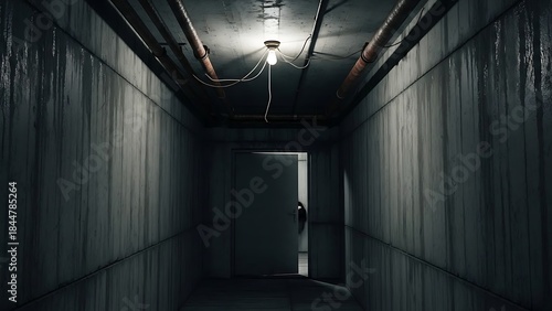 Eerie, dimly lit underground corridor with a single glowing bulb and an ominous partially open door