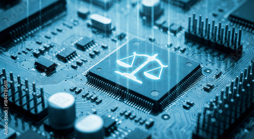 Cyber law and digital justice with scales of justice on a computer chip