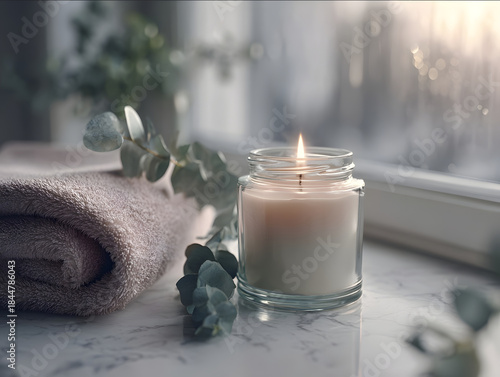 lit clear glass jar candle beside rolled towels and eucalyptus leaves marble countertop candle softly glowing misty window light calm luxurious atmosphere ultrarealis