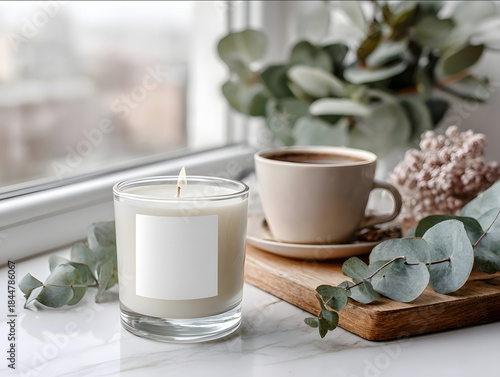 9oz clear glass candle with empty white label beside coffee cup eucalyptus stems and wooden cutting board on marble counter soft morning light through window Christma