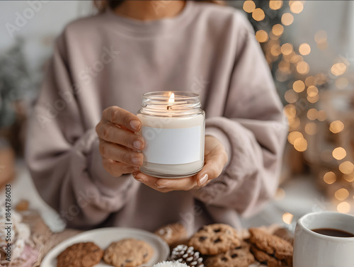 lit 9oz clear glass jar candle with empty white label held by woman in oversized sweatshirt blurred background of Christmas cookies cocoa mugs and warm string lights