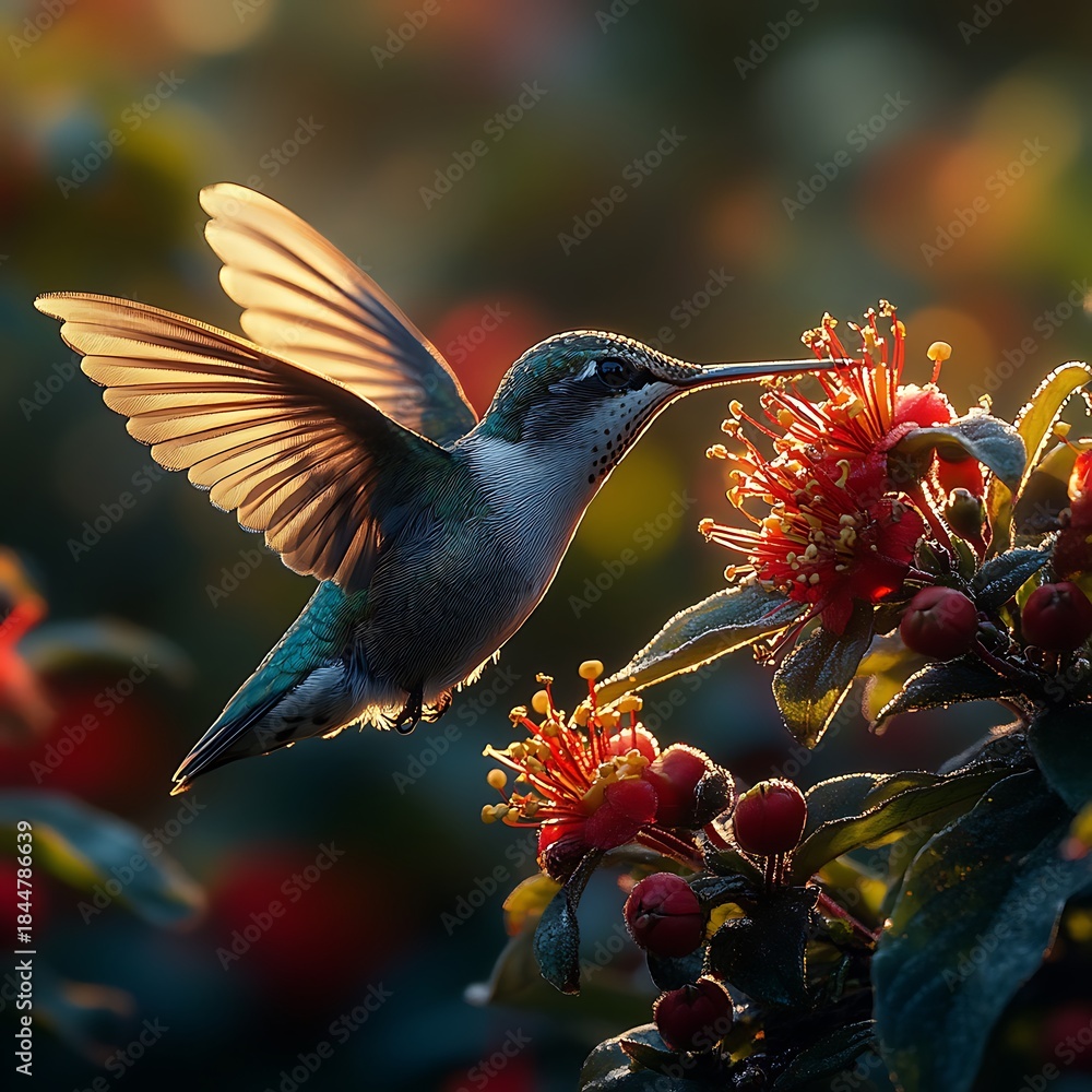 Obraz premium Hummingbird with iridescent green feathers drinks from a red flower in soft light photo
