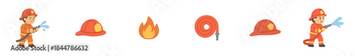 Firefighter and fire department equipment icon set featuring a fireman character, helmet, flame, and water hose in a simple flat cartoon vector illustration style