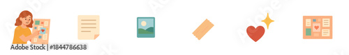 Set of flat vector icons for scrapbooking and journaling featuring a woman with a mood board, a paper note, a landscape photo, a ticket, a heart, and a vision board